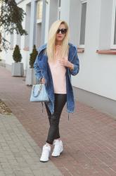 JEANSOWA PARKA, BLUZKA "OFF SHOULDER" + BIAŁE NIKE DUNK SKY HI