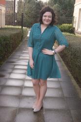 Teal and gold polkadot print dress