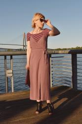 New light:  wrap slipdress, striped tee, cutout booties, and envelope clutch