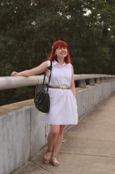 Outfit: White Sleeveless Shirt Dress, Gold Belt, & Snakeskin Flats