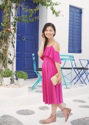 Pink Cold Shoulder Dress in Mykonos Town