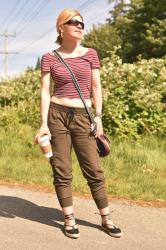 Sun stroked:  cropped striped tee, slouchy cargo pants, and lace-up flats
