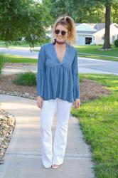 Denim Peasant Top + White Flares.