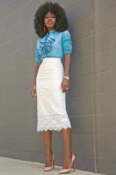 Ruffle Denim Shirt + Lace Pencil Skirt