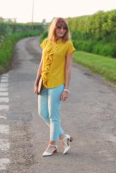 The Colours of Summer: Yellow Ruffle Blouse, Blue Chinos, Oversized 70s Sunglasses