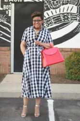 Two Outfits:  Kate Spade Gingham Shirtdress and J. Crew Collection Off-the-Shoulder Top in Yarn-Dyed Silk 