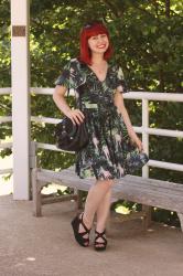 Outfit: Green Flutter Sleeve Palm Tree Print Dress and Black Wedges