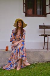 orange-blue maxi wrap dress