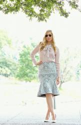 Bow-Tie Blouse + Peplum Barcode Skirt