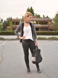 Camera ready:  vegan leather leggings, shawl collar blazer, slouchy tee, and cut-out booties