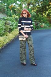 Navy Striped Knit and Khaki Wide Leg Floral Pants + the #iwillwearwhatilike Link Up