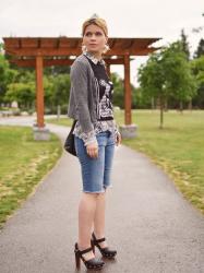Shoe in:  knee-length denim shorts, cardigan, layered shirt and tank, and studded platform heels