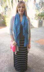 Striped Maxi Skirts in Winter with Grey Cardigans