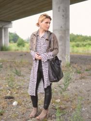 June-uary: vegan leather leggings, striped shirtdress, and bomber jacket