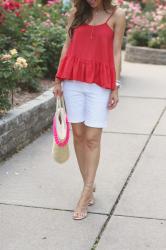 Peplum and DIY pom straw tote