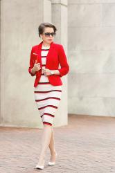 stripe knit dress X the red blazer