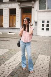 Outfit: denim flares, floral top