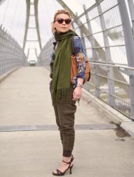 Replacements:  slouchy cargos, floral blouse, pompom scarf, and ankle-strap sandals