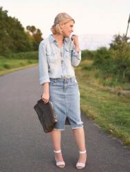 Search and rescue:  distressed denim skirt, chambray shirt, studded ankle-strap sandals, and paisley headscarf