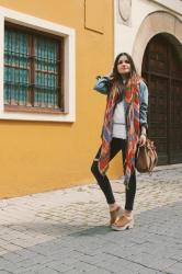 colorful scarf, denim jacket & clogs