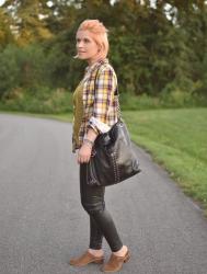 Homestyle: vegan leather leggings, slouchy tee, plaid shirt, and western-inspired mules