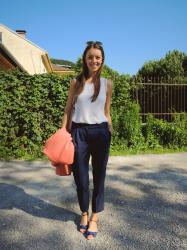 dark blue trousers with salmon blazer