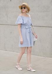 Blue and White Striped Off the Shoulder Dress