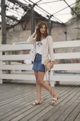 Striped Blazer and Denim Skirt