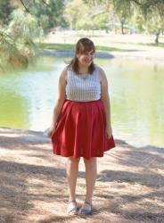 White Grid Crop Top + Red Skirt