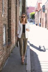 Olive Track Pants and White Blazer