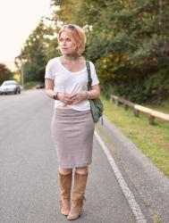 Tubular:  striped pencil skirt, waist-tied tee, bandana, and fringy boots