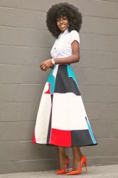 Short Sleeve Button Down + Jacquard Color Block Skirt