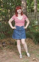 Outfit: Denim Button Down Skirt, Red Striped Shirt, and Silver Sandals