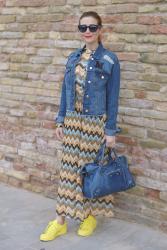Pleated maxi dress and denim patched jacket