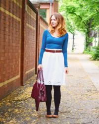 Petrol Shirt and White Lace Skirt