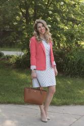 Coral Blazer & Striped Dress 