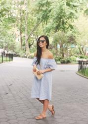 Blue & White Striped Off the Shoulder Dress