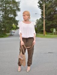 Toeing the line:  peasant-style blouse, slouchy cargos, and reptile pumps