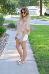 Blush Blouse + Metallic Slides.