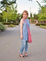 Bright idea:  denim shift dress, skinny jeans, espadrilles, and striped hobo bag