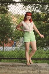 Outfit: Flamingo Print Bow Blouse and Light Green Scalloped Shorts