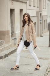 Nude Leather Jacket and white Jeans