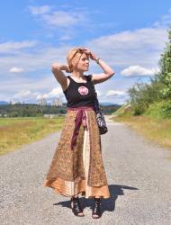 So sari: silk wrap skirt, graphic tank, and cut-out booties