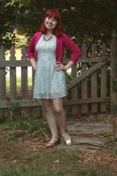 Work Outfit: Sky Blue Lace Dress, Pink Cardigan, and Holographic Flats