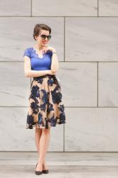 lace top X three layered midi skirt with navy florals
