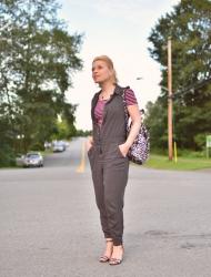 Suiting up:  Jumpsuit, striped tee, ankle-strap sandals, and leopard backpack