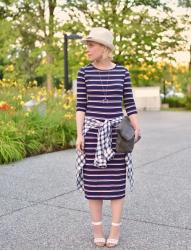 Eyes wide shut:  striped dress, waist-tied plaid shirt, ankle-strap sandals, and a fedora