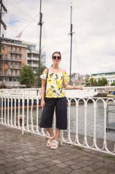 Outfit: lemon print off shoulder top and culottes