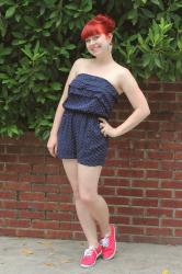 Outfit: Strapless Ruffled Polka Dot Romper with Red Sneakers
