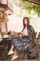 CREAM BLOUSE AND ROSE DENIM SKIRT